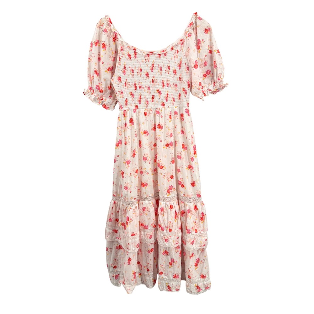 LoveShackFancy x Target Midi Dress Size XS‎ Pink Floral Cotton Tiered Lace Trim